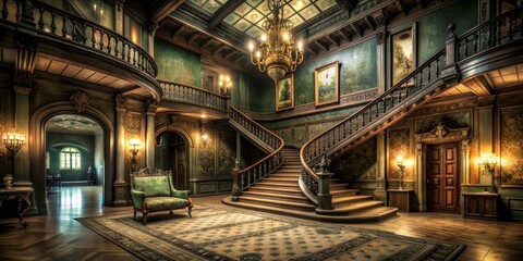 Eerie and opulent old mansion's living room, dimly lit with a focus on the grand staircase, mansion, living room, eerie