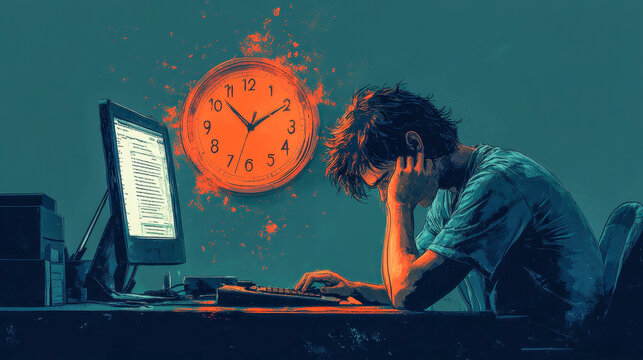 Programmer working at computer with exploding clock in the background