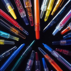 Gel Pen Variety: Colorful Pens on Black Background - Top View Stock Photo
