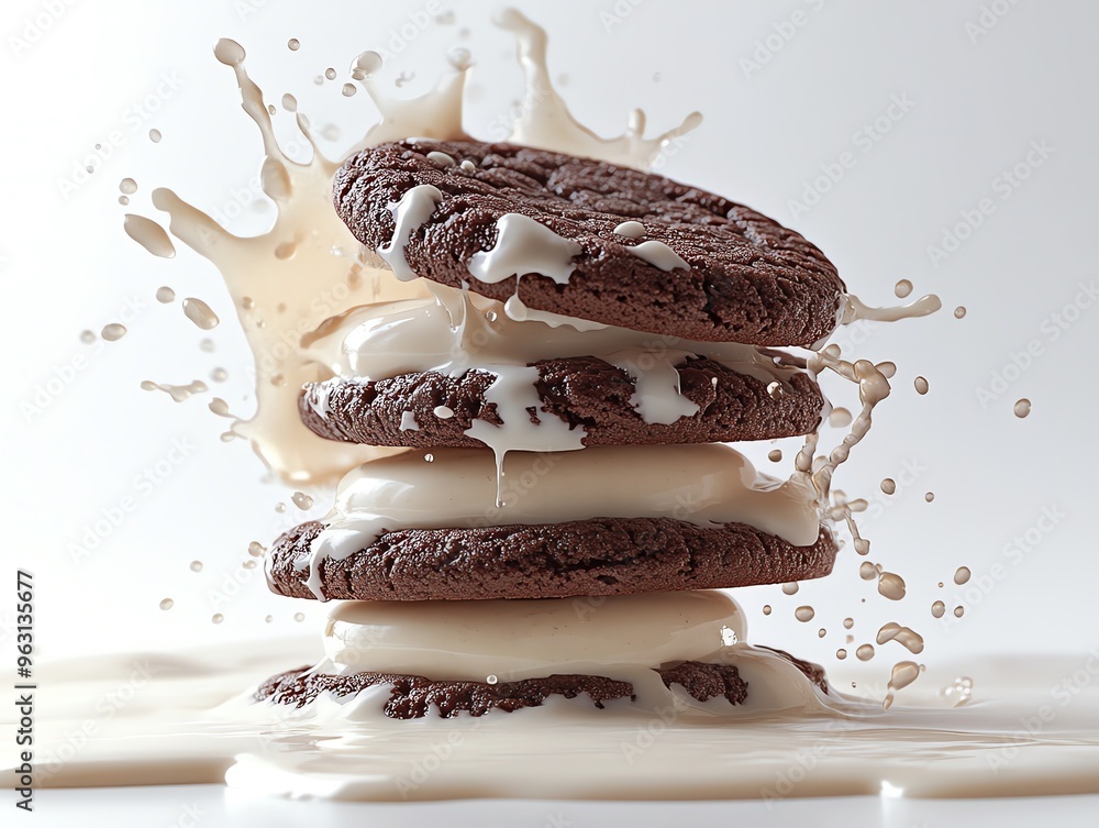 Poster stack of chocolate cookies with white cream filling, dipping in milk and creating a splash.