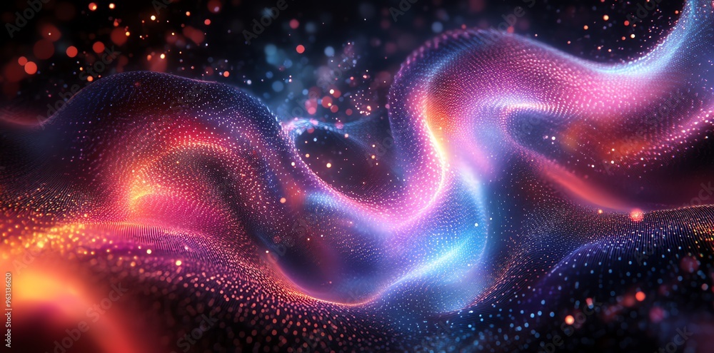 Poster abstract glowing particles with bokeh effect.