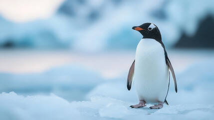 Penguin standing tall in a raw, icy landscape with mountains, Antarctic resilience, striking photo banner 