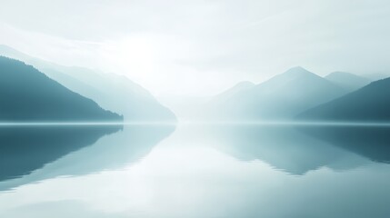 A serene landscape of misty mountains reflected in the calm waters of a lake.