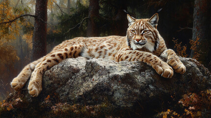 Fototapeta premium Wild lynx lounging on a raw forest rock, regal presence, untamed beauty