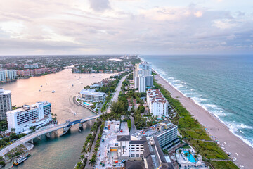 Aerial view of coastal Boca Raton, Florida on a cloudy sunset.