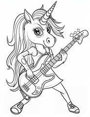 Fototapeta premium Guitarist Unicorn Rockstar Coloring Pages: Shredding Magical Riffs – Fun and Easy Line Art