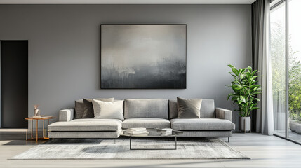 Minimal living room photo featuring a sleek grey couch, glass coffee table, and abstract wall art, clean and airy feel 