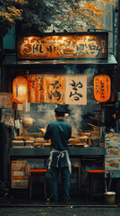 A yatai food stall specializing in ramen, with a chef pouring broth into a bowl, and a focused, professional vibe