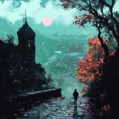 Silhouette of a Person Standing on a Pathway Leading to a Town Below.