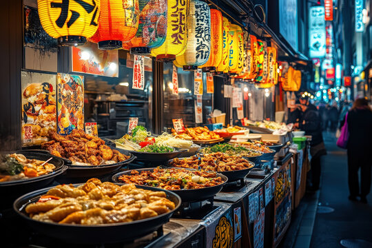 A vibrant yatai food stall in a busy Japanese street, colorful signs and a variety of dishes displayed