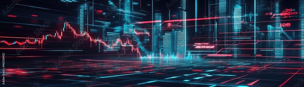Poster futuristic digital financial chart with glowing lines and data visualizations representing market tr