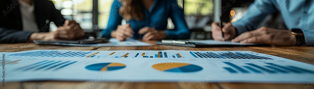 Poster close-up of a business meeting with a focus on charts and graphs. the people in the background are o