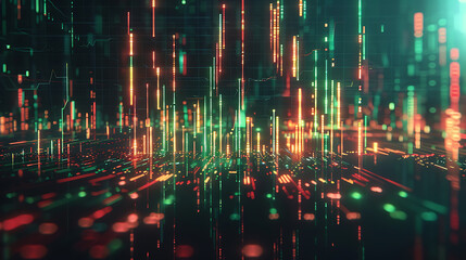 Abstract digital background with glowing lines and dots in red, orange, and green hues.