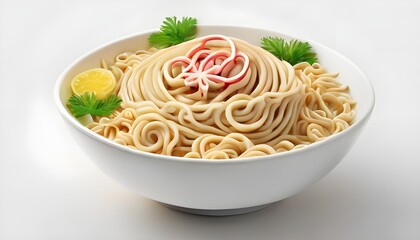 Lovely noodles arranged in a bowl against a white backdrop. generative ai