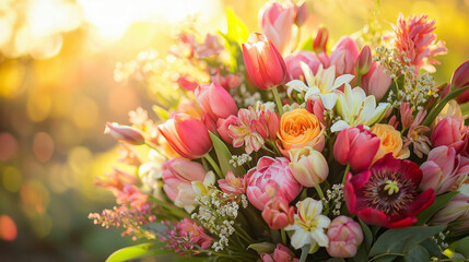 Fototapeta premium bouquet of colorful tulips, modern bouquet of varied flowers, tulips, lilies, flowers in the garden, bouquet of flowers