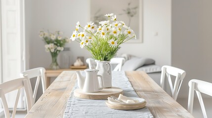 A clean dining area featuring a light wooden table with white chairs gray linen table runner and fresh daisies in a vase creating a minimalist and elegant atmosphere perfect for modern home decor