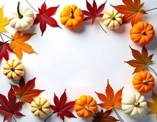 Halloween autumn background with glowing orange pumpkins and fall leaves set against a light surface, evoking the cozy, festive spirit of the season's celebrations