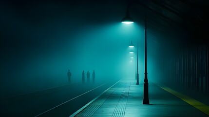 Foggy Night at the Empty Train Station