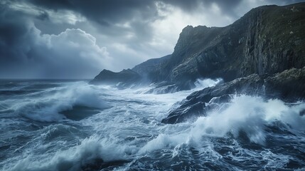 Fototapeta premium Dramatic waves crashing against a rocky coastline on a stormy day.