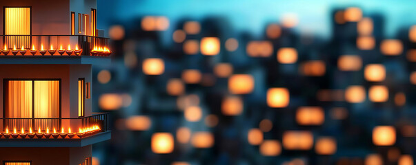 Cityscape illuminated by hundreds of diyas on balconies and streets, representing unity and shared...