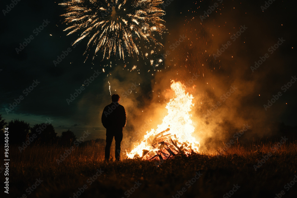 Poster man is silhouetted standing in a field at night watching a bonfire burning with fireworks exploding 