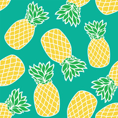 Seamless pattern with pineapples on green background. 