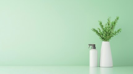 Fototapeta premium Elegant composition featuring a minimalist green background with a white bottle and a plant in a vase, perfect for contemporary decor.