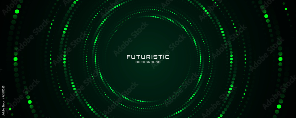 Poster 3d green circles techno background. big data visualization on dark space with dotted lines shape eff