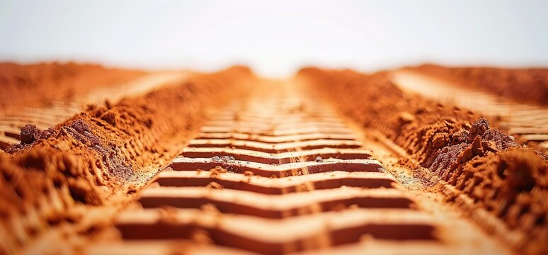 Closeup of tire tracks in red dirt. Symbol of journey, adventure, exploration, and the unknown. - Powered by Adobe