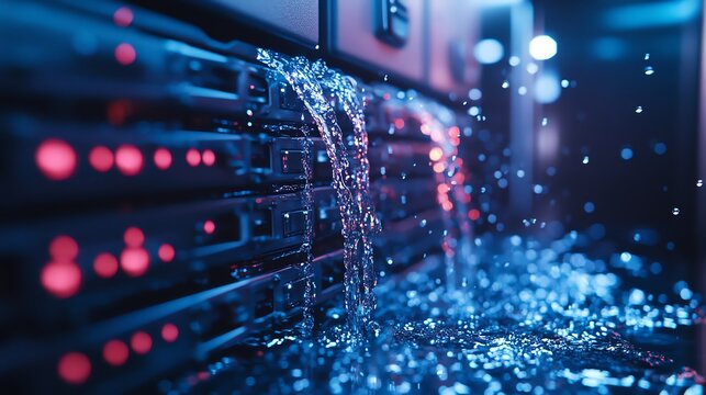 Water pouring over a server rack in a dark server room.