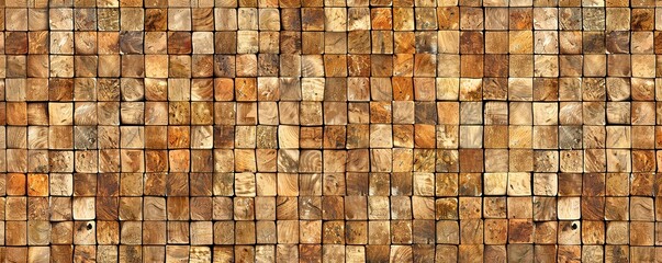 Fototapeta premium Close up of a tiled wall made of small square tiles in various shades of brown. The tiles are arranged in a repeating pattern, creating a textured and abstract background.