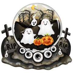 hand drawn halloween little ghost snow globe watercolor painting