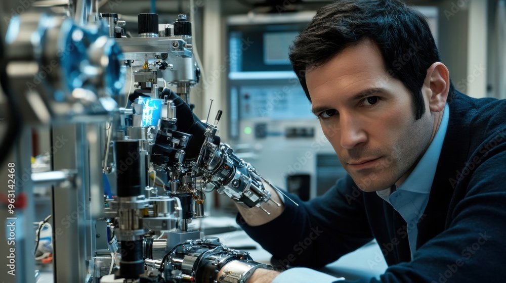 Aufkleber a scientist working on advanced robotic arm technology in a high-tech laboratory during the day, sho