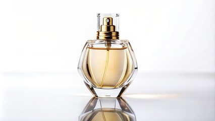 Elegant glass bottle of perfume on a white background, fragrance, beauty, luxury, scent, spray, cosmetic, aromatherapy