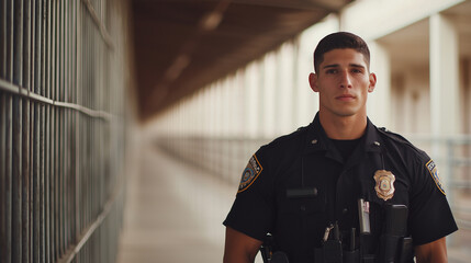 Guard Duty: Portrait of a Handsome Young Policeman Standing in a Prison Hallway, Emphasizing Security and Imprisonment with Iron Bars in the Background. photo