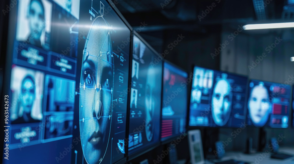 Poster facial recognition technology, woman faces with lines of ai biometric system on computer screens, 3d