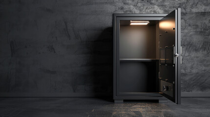 Open empty safe in dark room, metal safety box with light inside. Concept of wall, interior, locker, background, theft