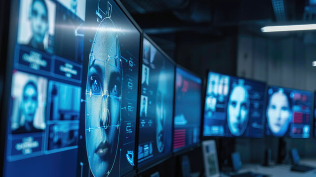 Facial recognition technology, woman faces with lines of AI biometric system on computer screens, 3d digital scanning of person. Concept of identification, verification, security