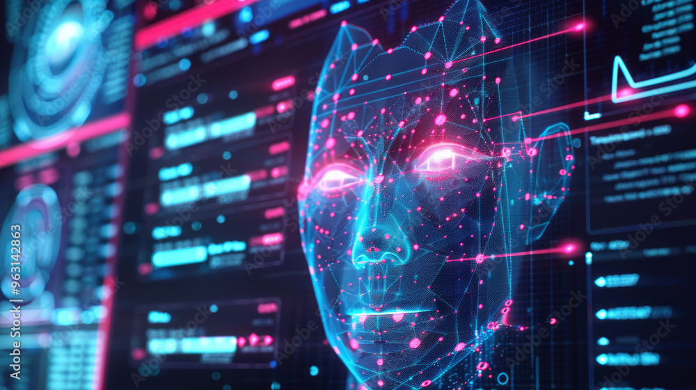 Aufkleber facial recognition technology, human face with lines of ai biometric system on computer screen, 3d d