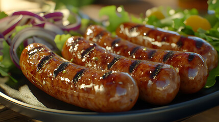 Grilled sausages served on a plate with a side of sliced red onion and green lettuce.