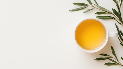 A cup of rich black tea sits elegantly on a white surface, accompanied by fresh green leaves, creating a serene and inviting atmosphere for relaxation