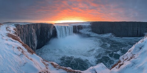 Fototapeta premium A Majestic Waterfall Cascading into a Frozen River Under a Pink and Orange Sunset Sky