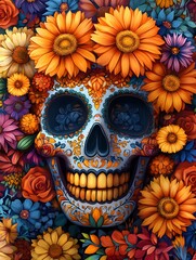 A skull surrounded by a vibrant bouquet of colorful flowers in bloom