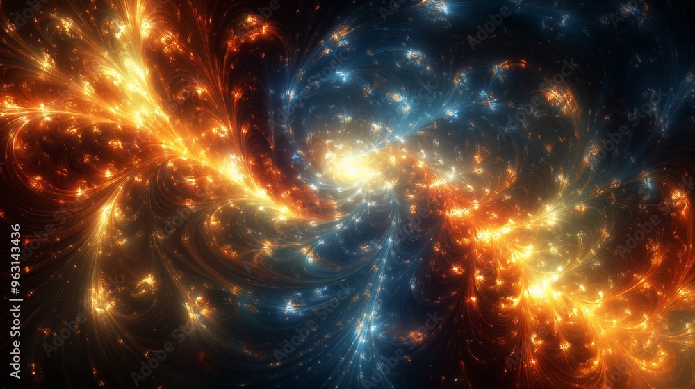 Poster abstract fractal background with bright glowing lines and swirls of orange and blue.