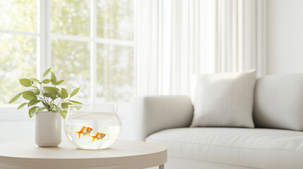Elegant Interior Design: Pet Goldfish in a Glass Tank Placed on a Table in a Modern Apartment Living Room, Featuring Minimalistic Indoor Decor. photo