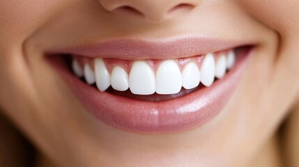 Fototapeta premium Close-up of a bright smile showcasing perfectly aligned teeth and healthy gums, highlighting oral hygiene and confidence