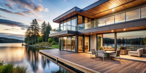 Obraz premium Modern house with large windows and outdoor deck overlooking a serene lake, modern, house, architecture, lake, water