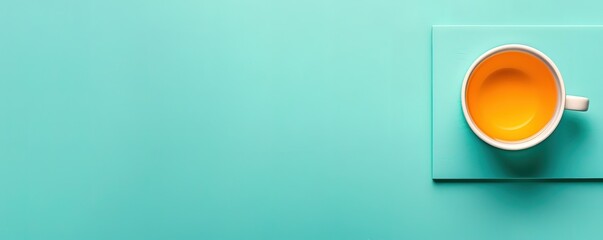 A white cup of tea with a light yellow liquid sits on a teal coaster against a teal background.