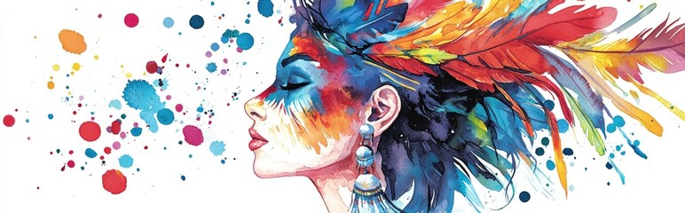 Fototapeta premium Vibrant Watercolor Portrait Celebrating Indigenous Culture with Colorful Feathers and Artistic Expression