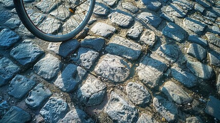 The shadow of a bicycle wheel casting a circular pattern on a textured surface, with the shadow adding depth and dimension to the scene